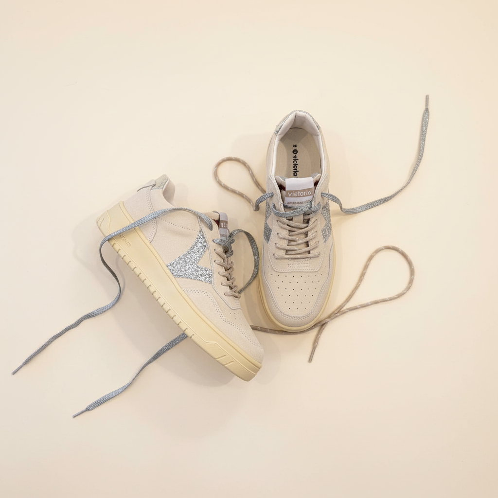 Pair of light-colored sneakers with blue laces on a beige background