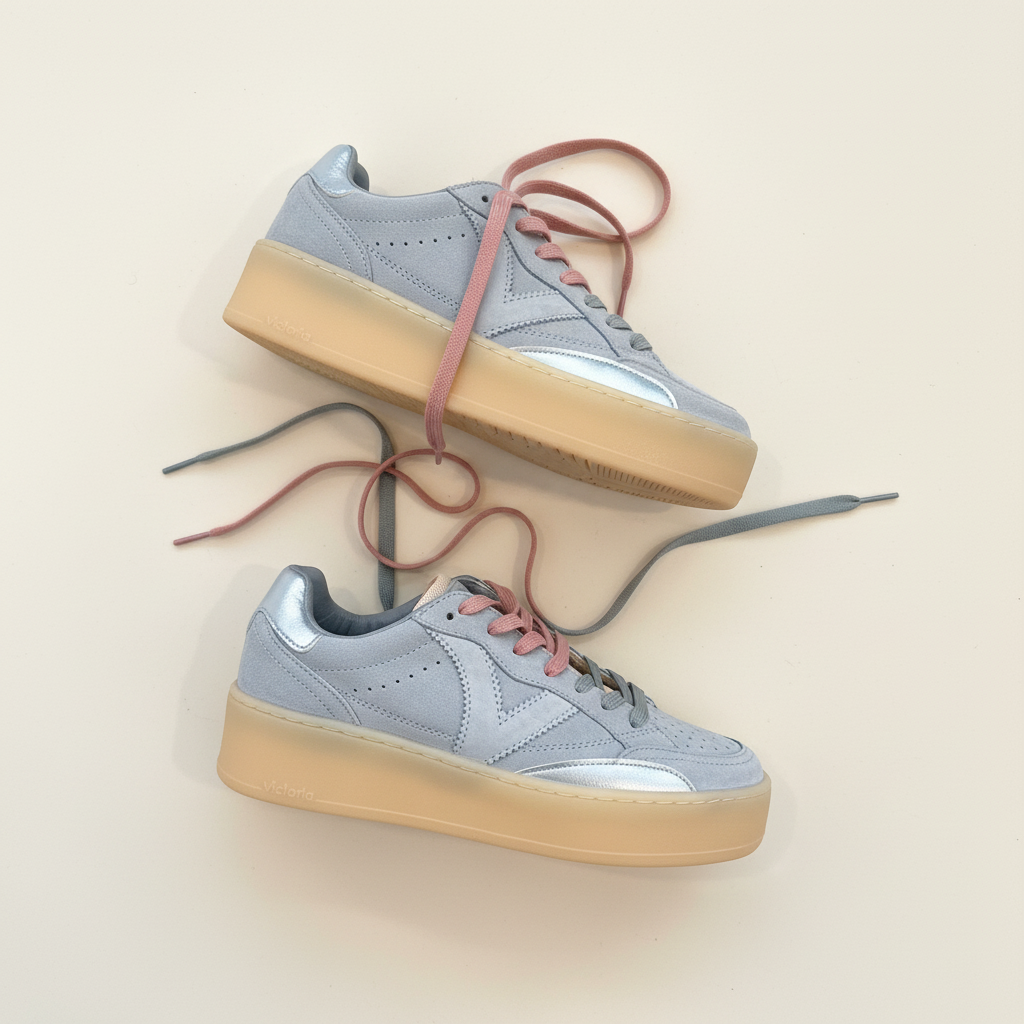 Pair of light blue sneakers with brown soles on a beige background