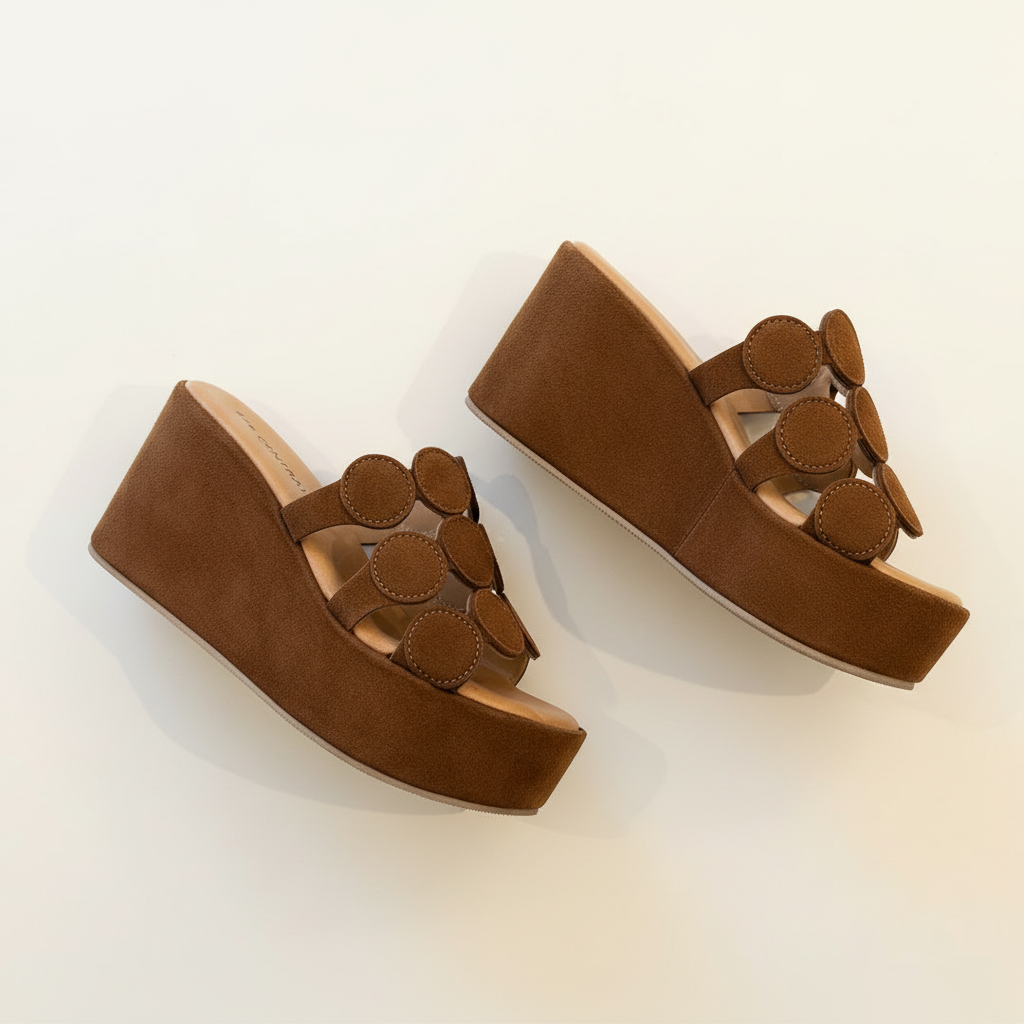 Brown wedge sandals with circular designs on a light background