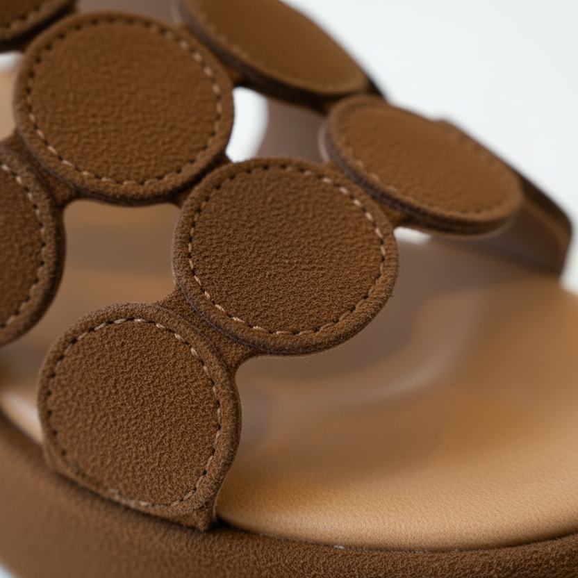 Brown sandal with circular designs on a white background