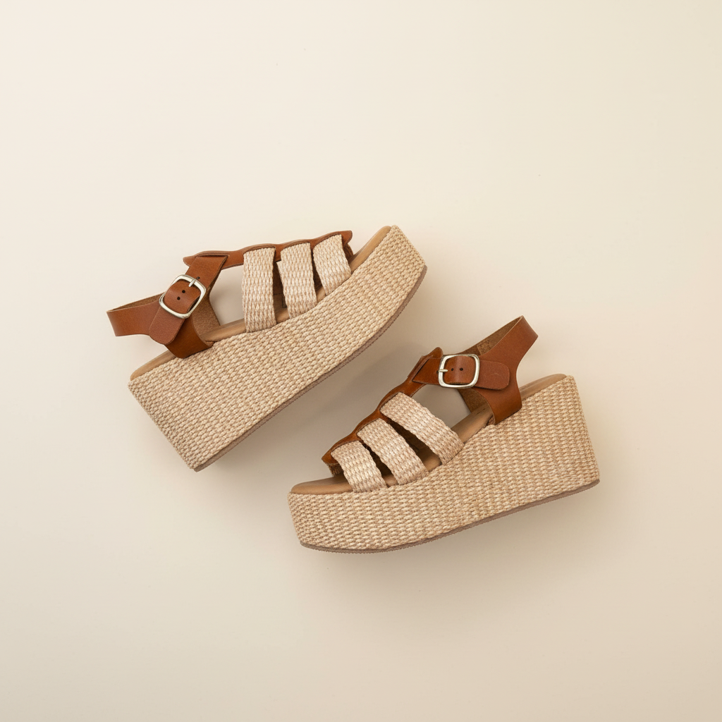 Woven platform sandals with brown straps on a beige background