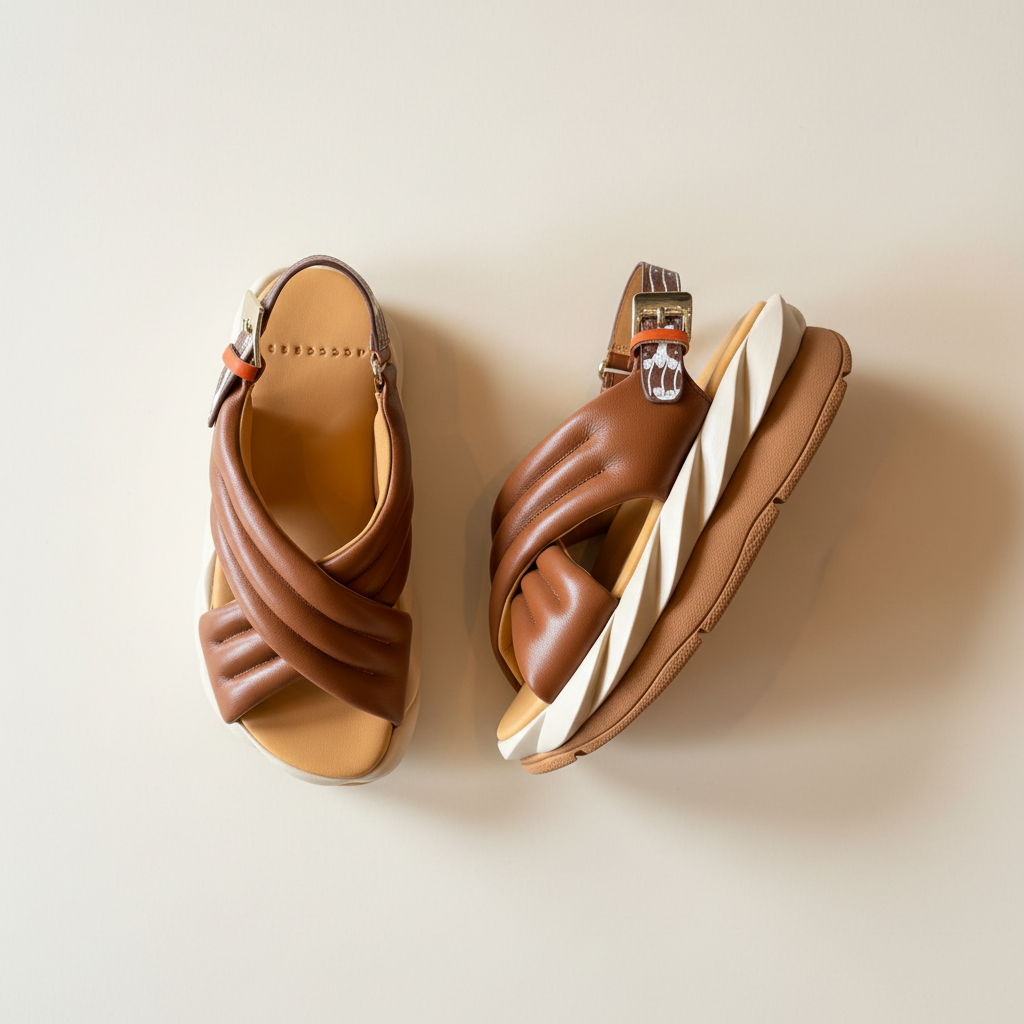 Pair of brown sandals with criss-cross straps on a beige background