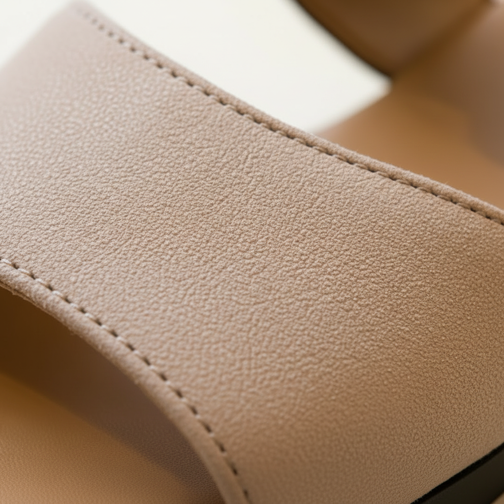 Close-up of beige leather surface with a blurred background
