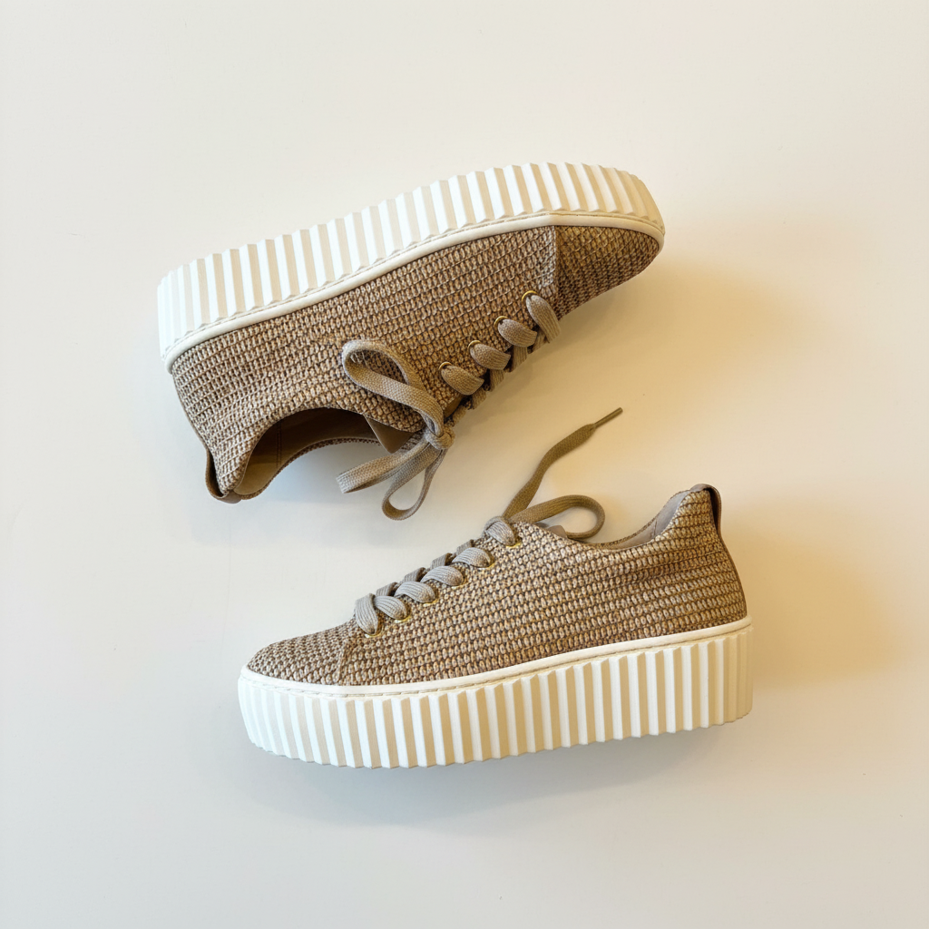 Pair of woven sneakers with white soles on a light background
