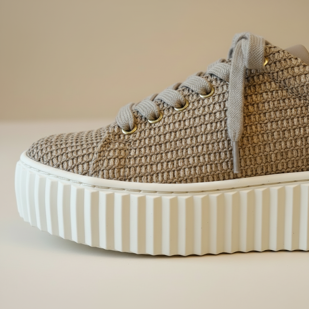 Brown woven sneaker with a white sole on a beige background