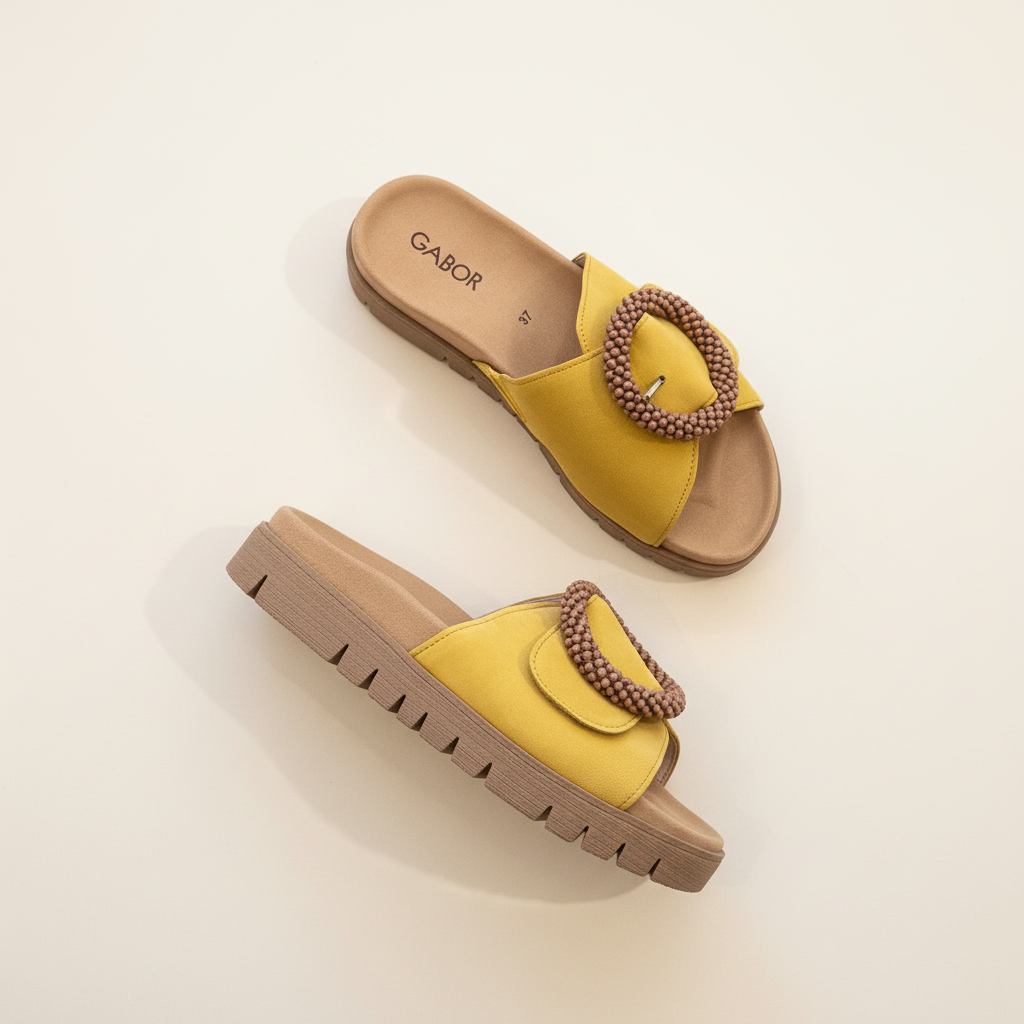 Pair of yellow sandals with brown platform sole on a light beige background