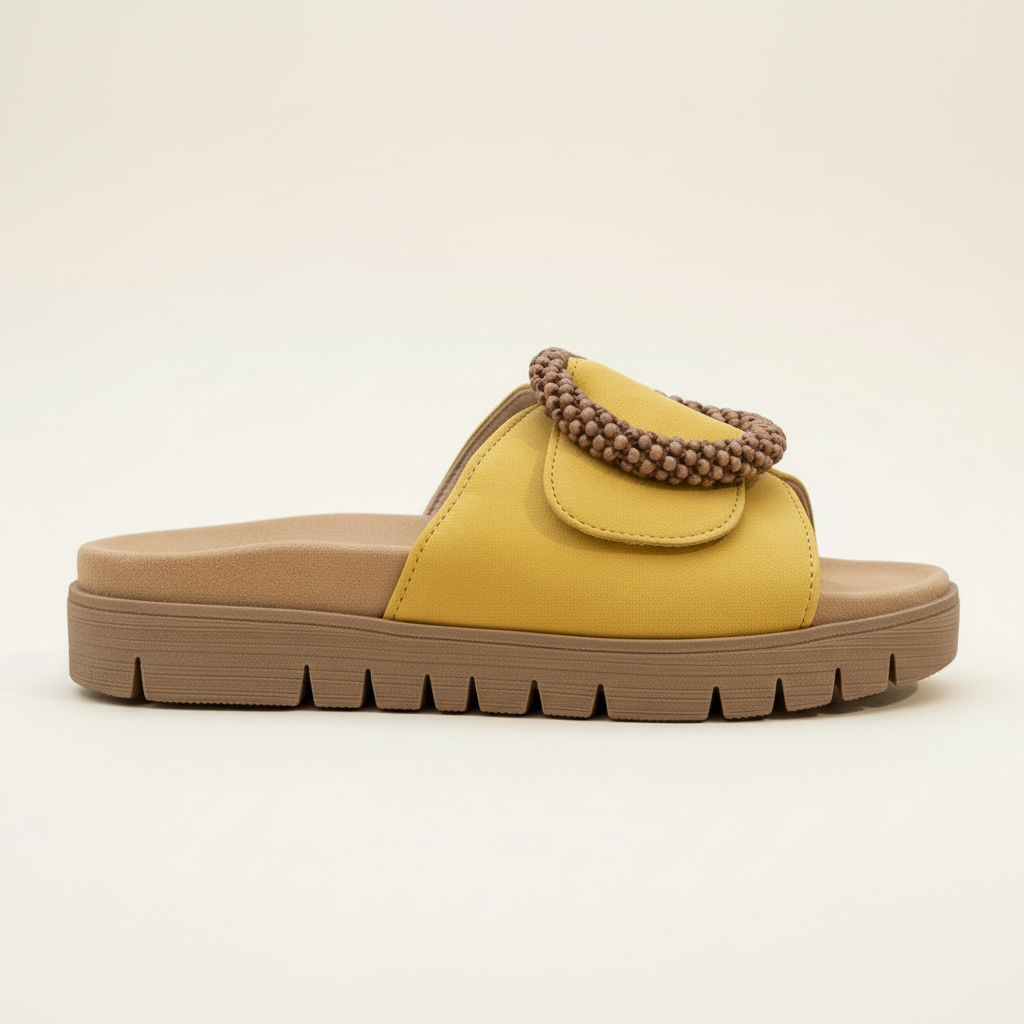Yellow sandal with brown beaded detail on a beige background