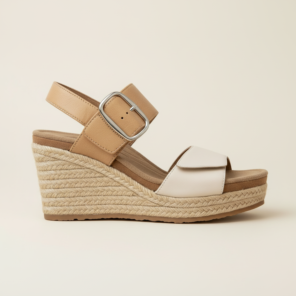 Beige wedge sandal with a strap and buckle on a beige background