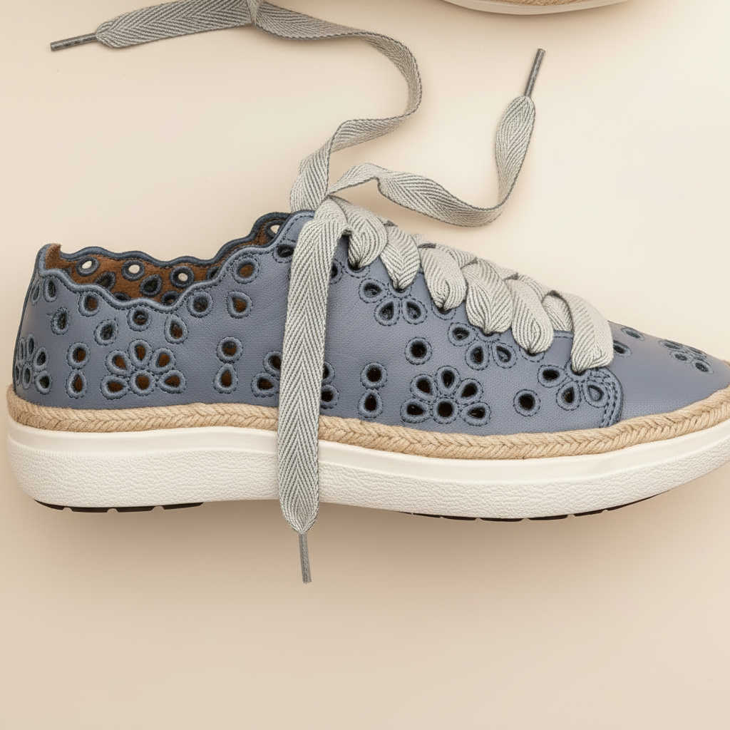 Blue sneaker with floral cut-out design on a beige background