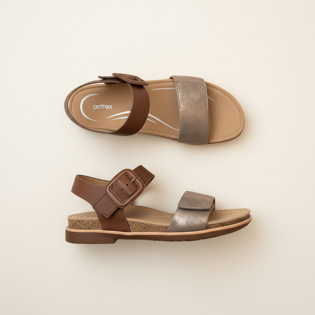 Pair of brown sandals with a strap on a beige background