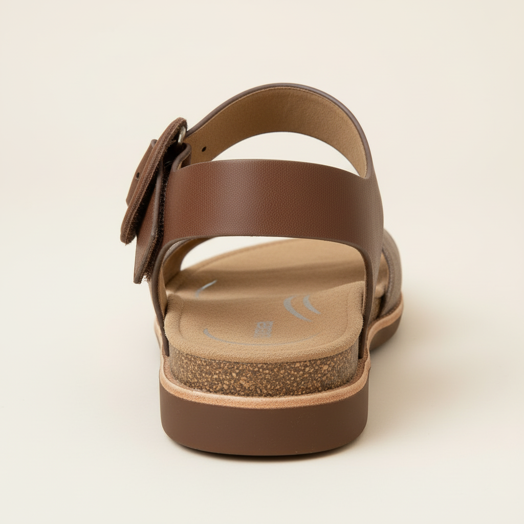 Brown sandal with cork sole on a beige background
