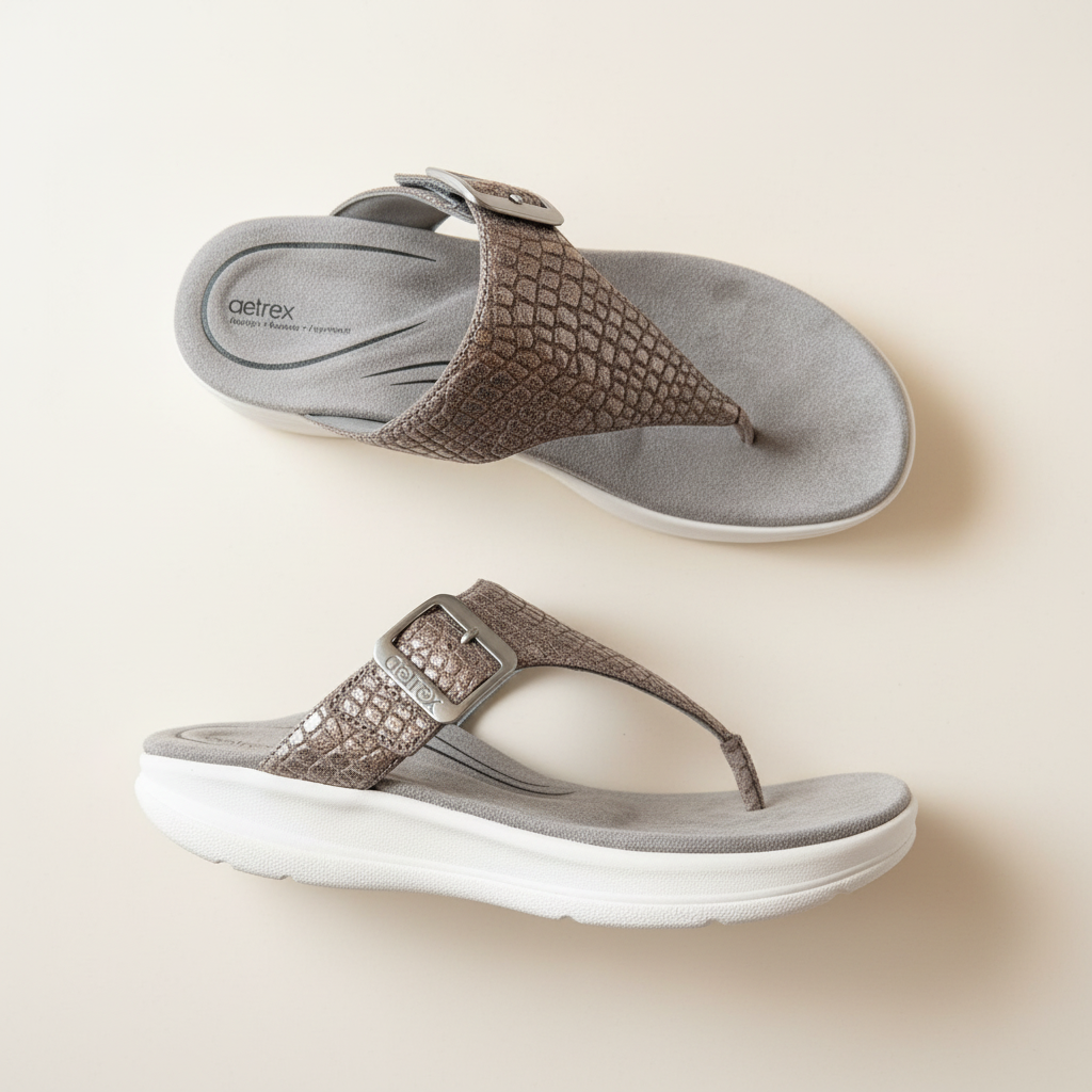 Pair of gray sandals with a buckle on a beige background