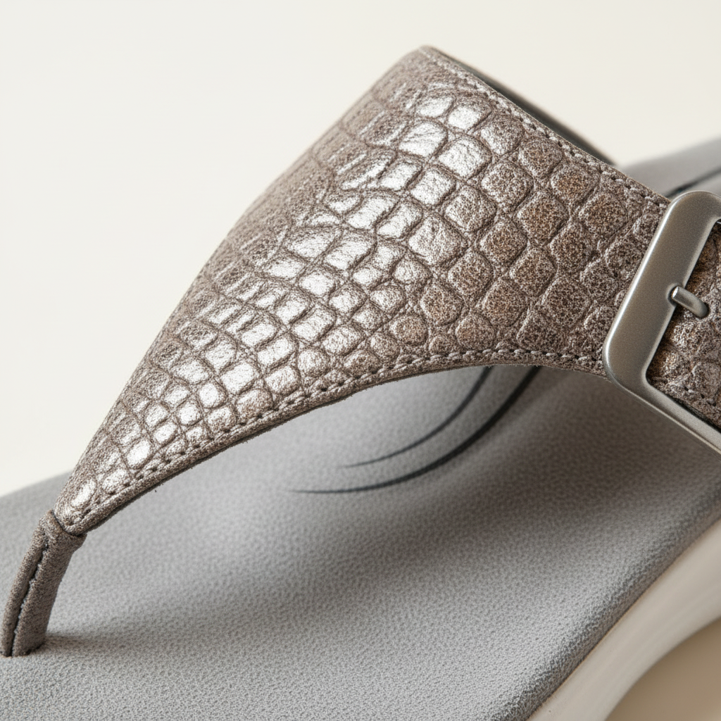 Close-up of a sandal with textured strap on a light background