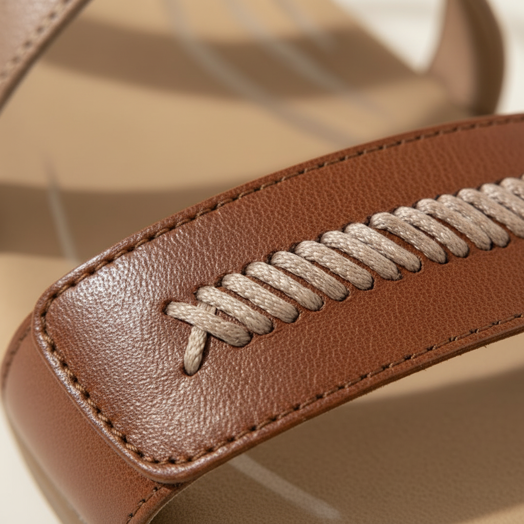 Close-up of a brown leather strap with braided edge on a beige background