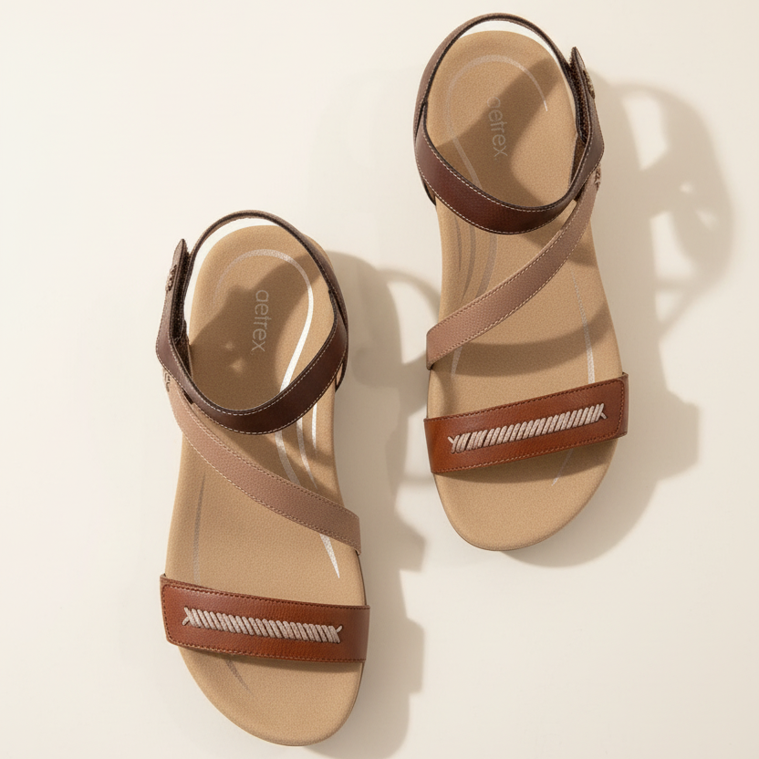 Pair of brown and beige sandals on a light background