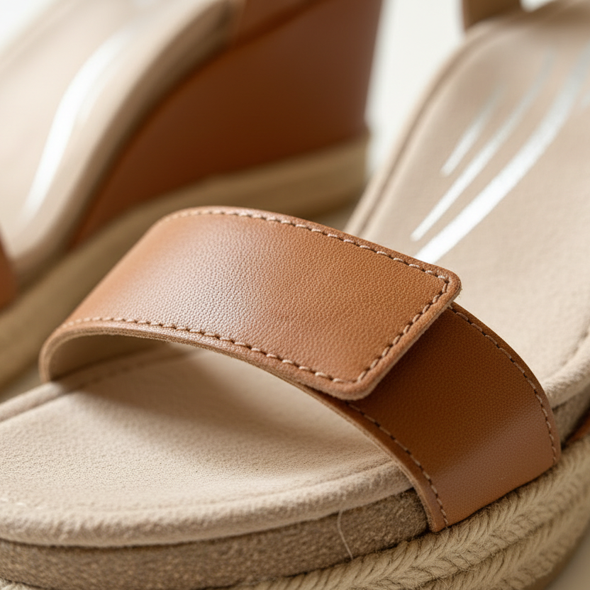 Close-up of a sandal with a brown strap and beige sole.