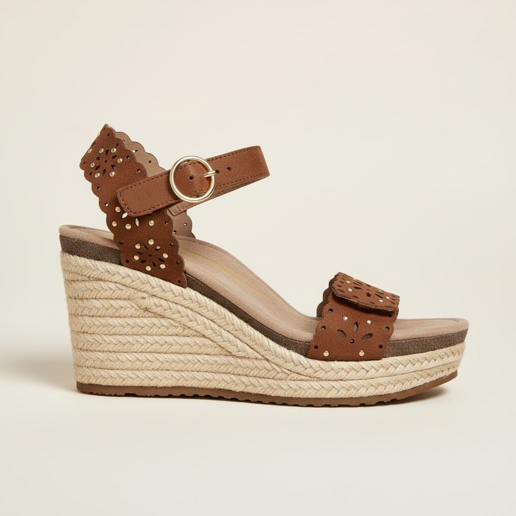 Brown wedge sandal with espadrille sole on a beige background