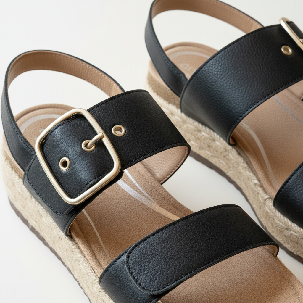 Black sandals with gold buckles on a light background