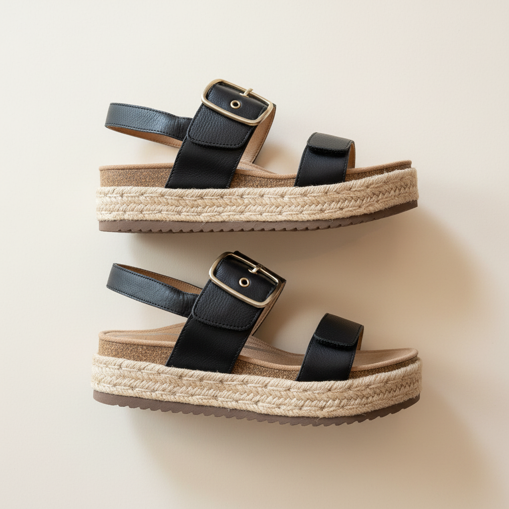 Pair of black strap sandals with jute sole on a beige background