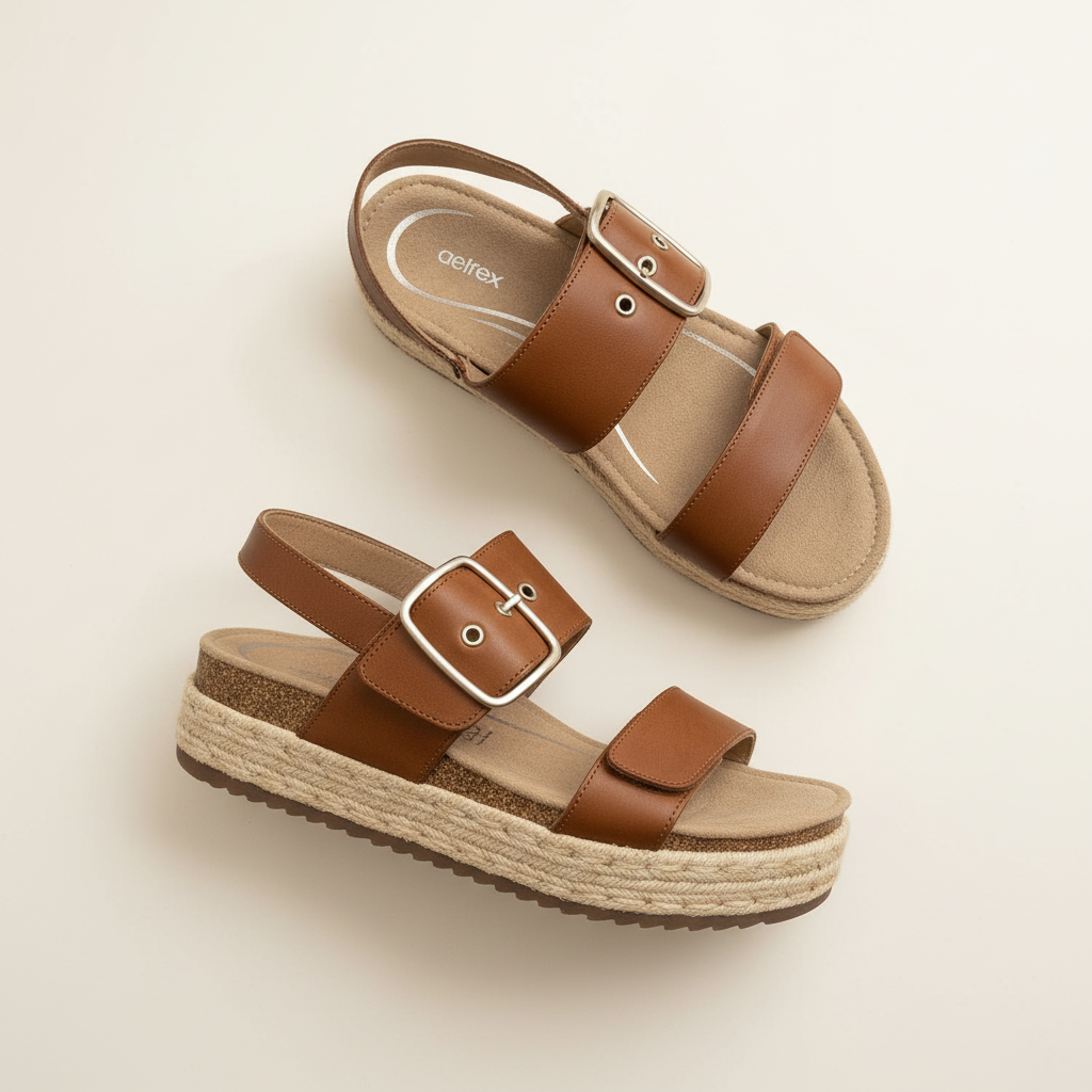 Pair of brown sandals with a buckle on a beige background