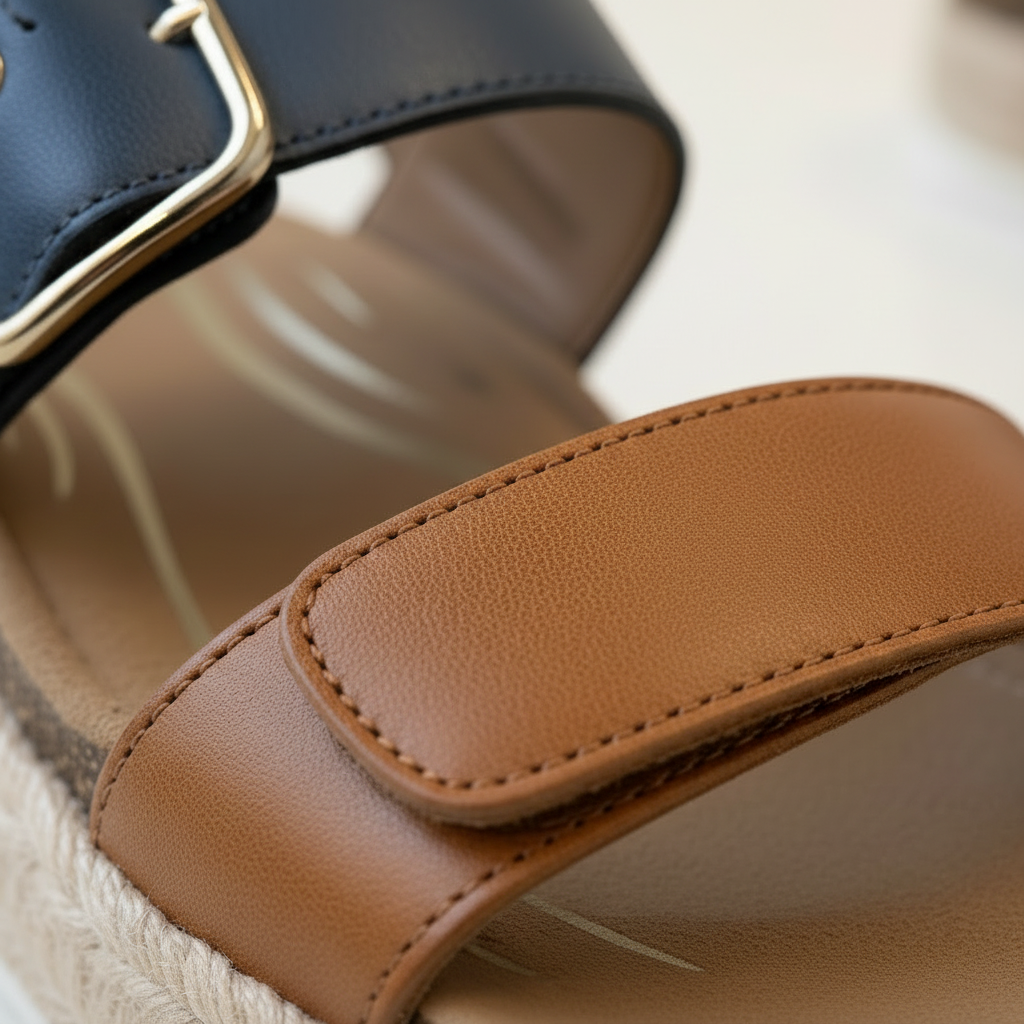Close-up of a sandal with brown strap and gold buckle.