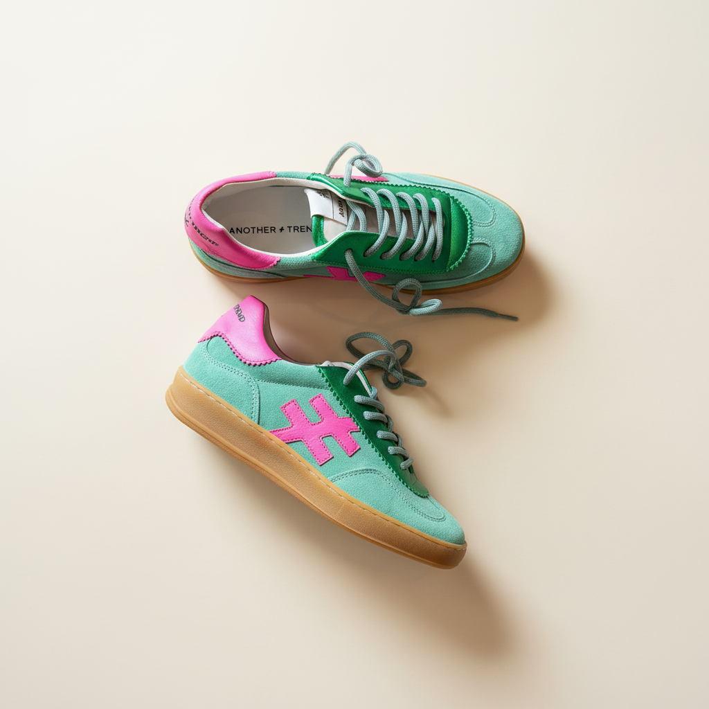Pair of green and pink sneakers on a beige background