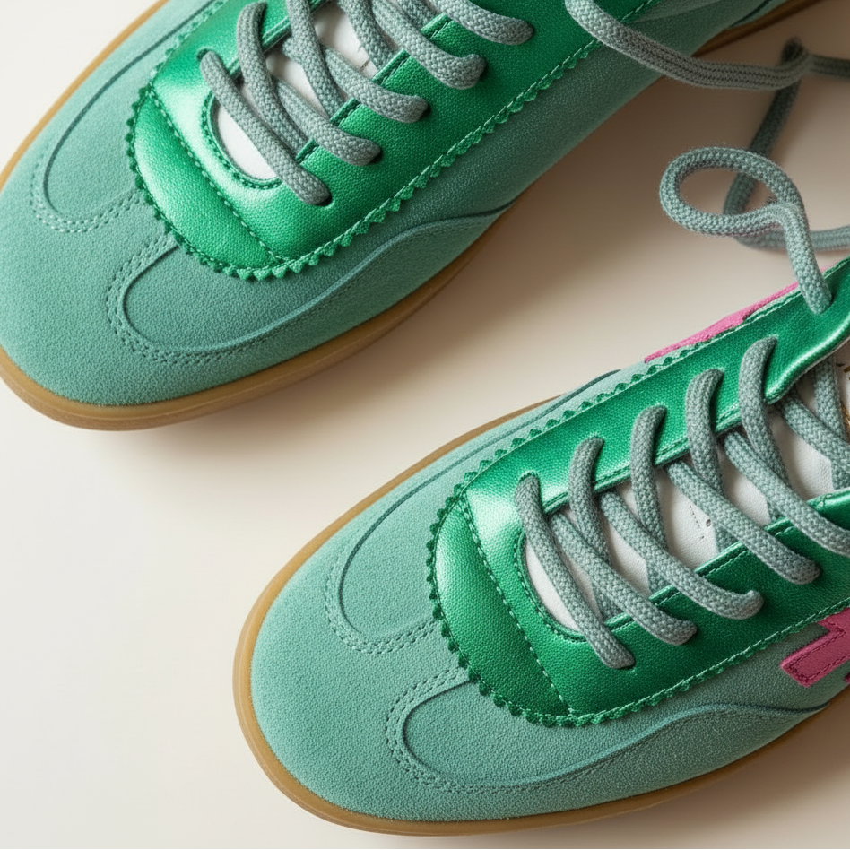 Green sneakers with white laces on a light background