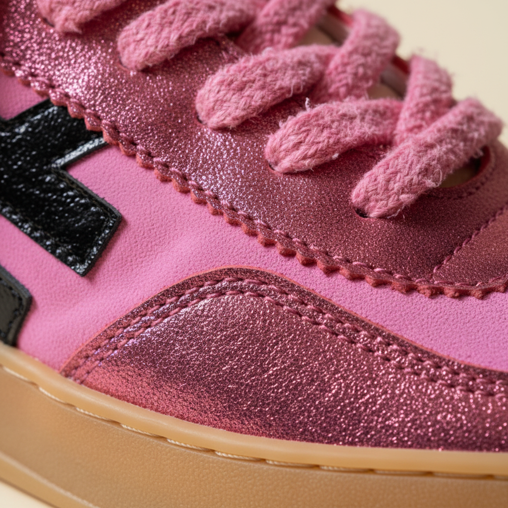 Close-up of a pink sneaker with textured laces and a black logo on a beige background