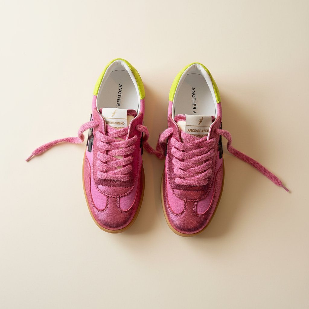 Pair of pink sneakers with yellow accents on a beige background