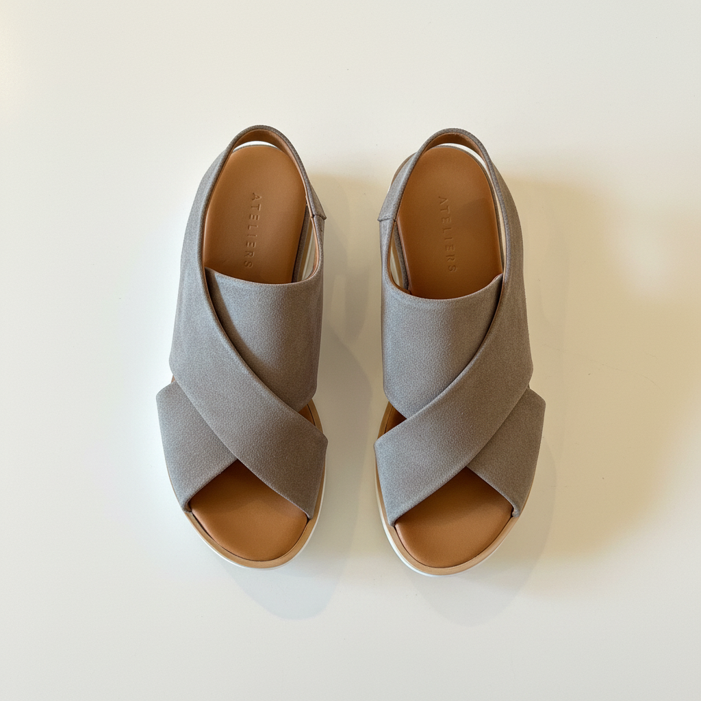 Pair of gray sandals with criss-cross straps on a light beige background