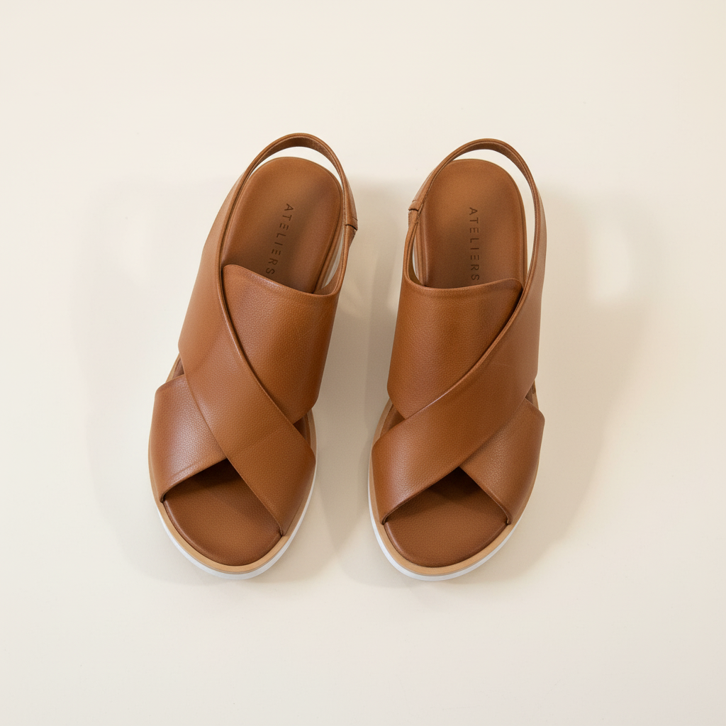 Pair of brown sandals on a light beige background
