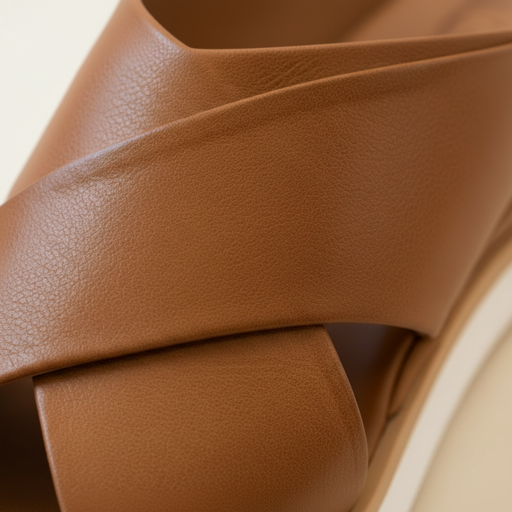 Close-up of a brown leather sandal with a strap.