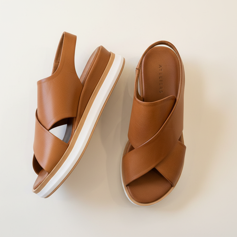 Pair of brown sandals with white soles on a beige background