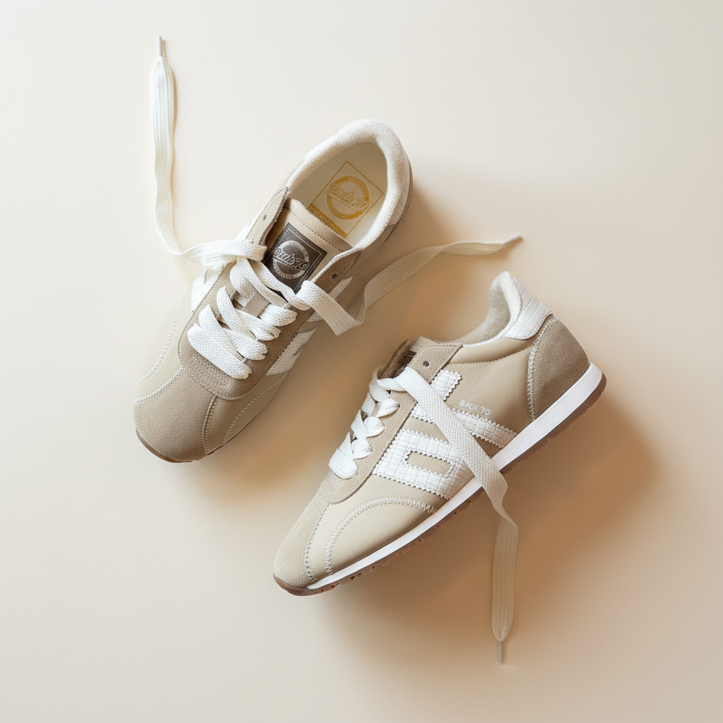 Pair of beige sneakers with white laces on a light beige background