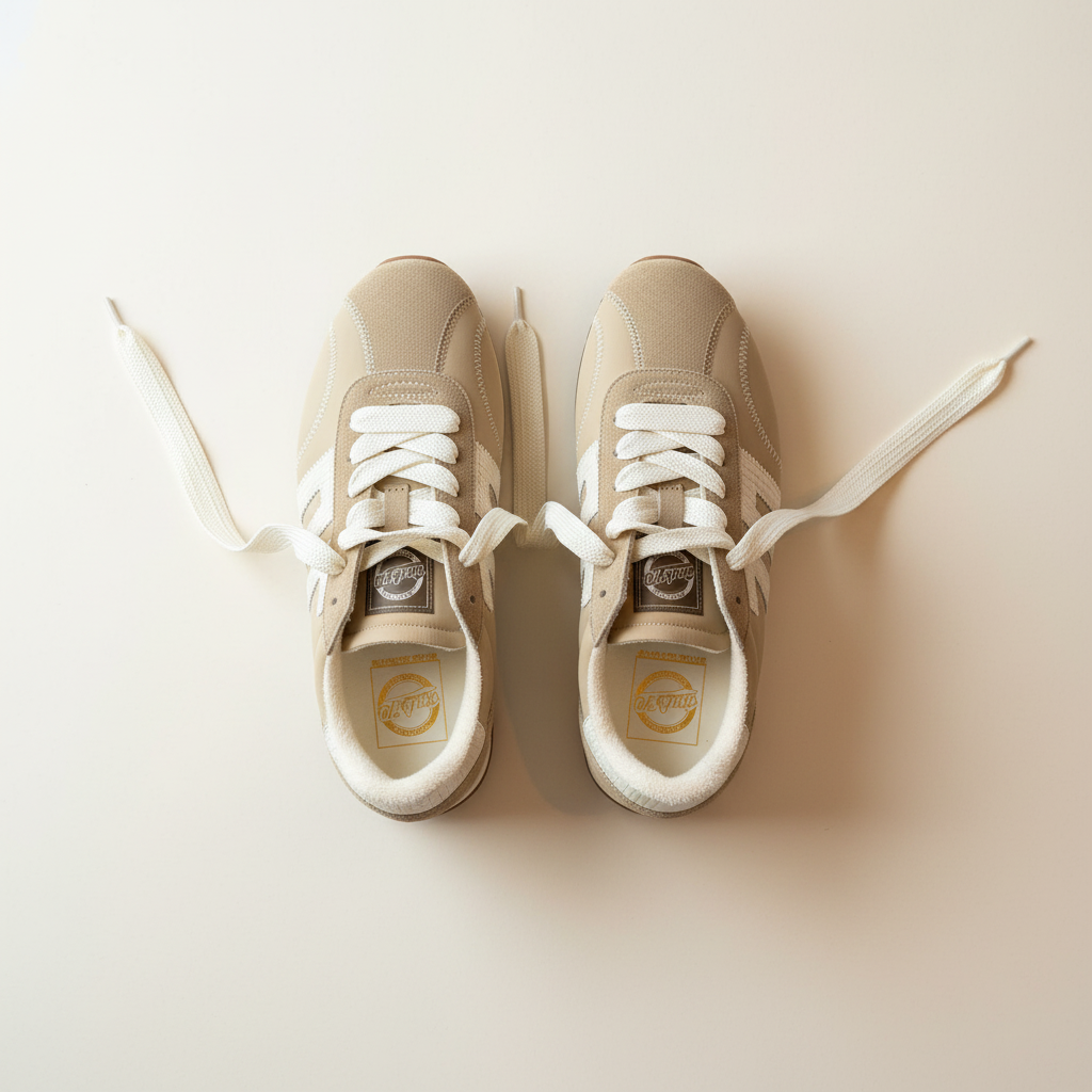 Pair of beige sneakers with white laces on a light beige background