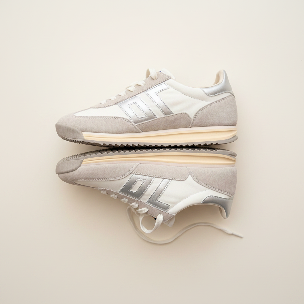 Pair of white sneakers with a reflective sole on a beige background
