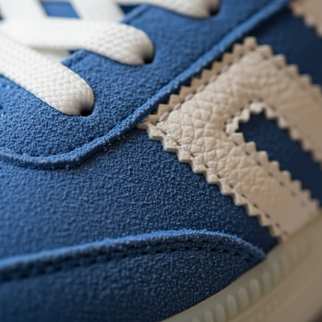 Close-up of a blue sneaker with white laces and a beige logo.