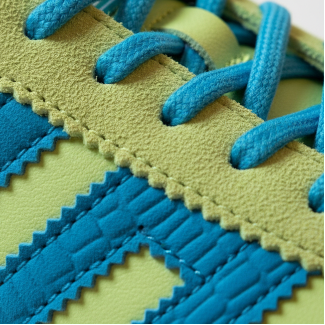 Close-up of blue and green textured fabric with a pattern
