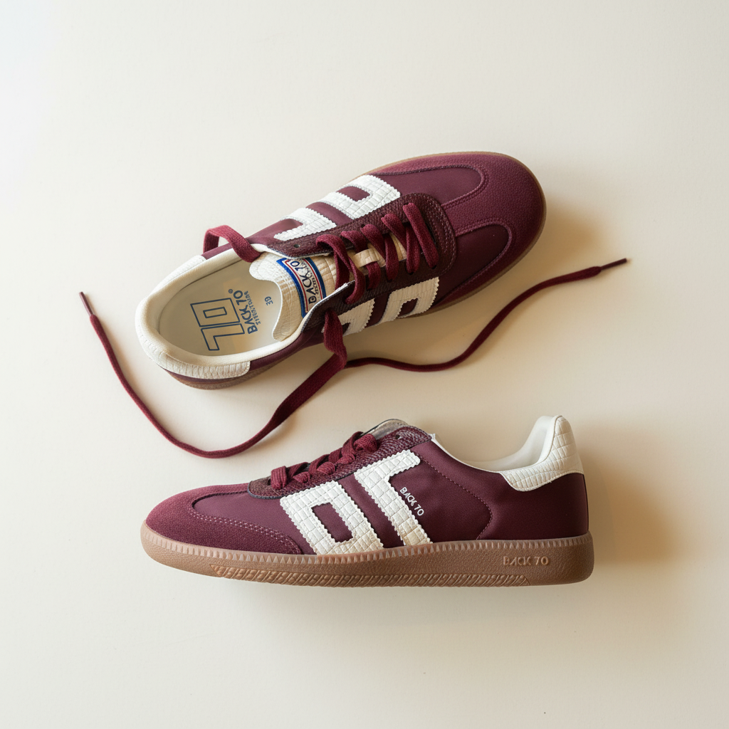 Pair of maroon sneakers with white accents on a light background