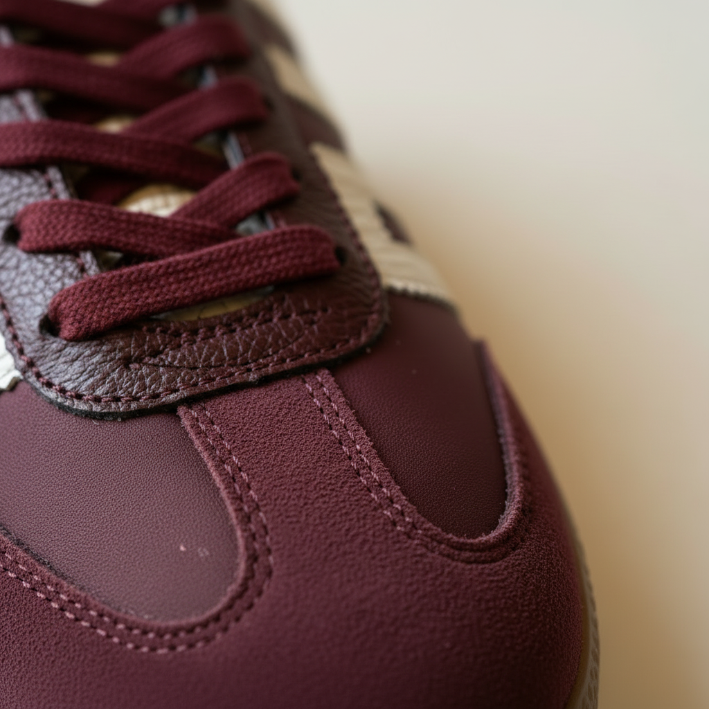 Close-up of a maroon sneaker with brown laces on a blurred background