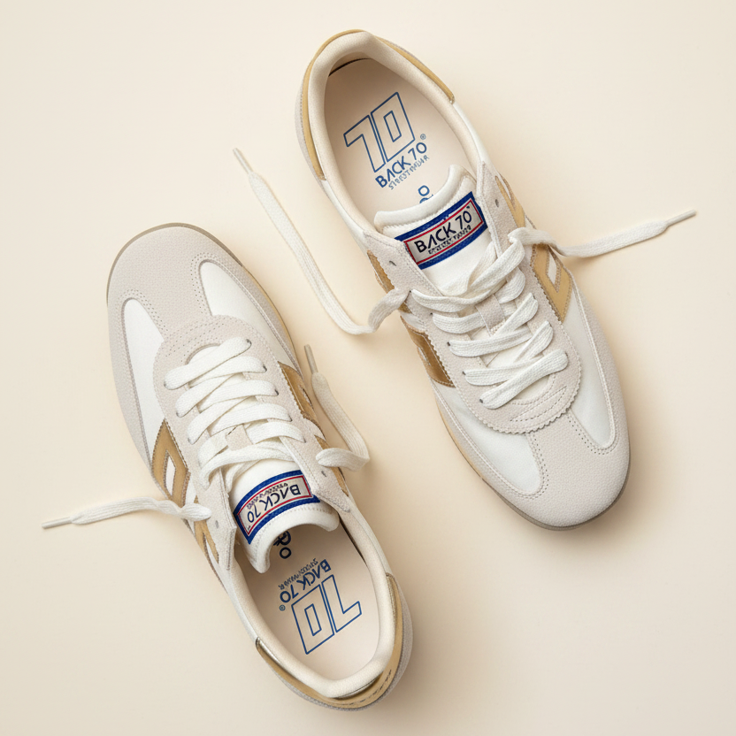 Pair of white sneakers with brand logo on a beige background