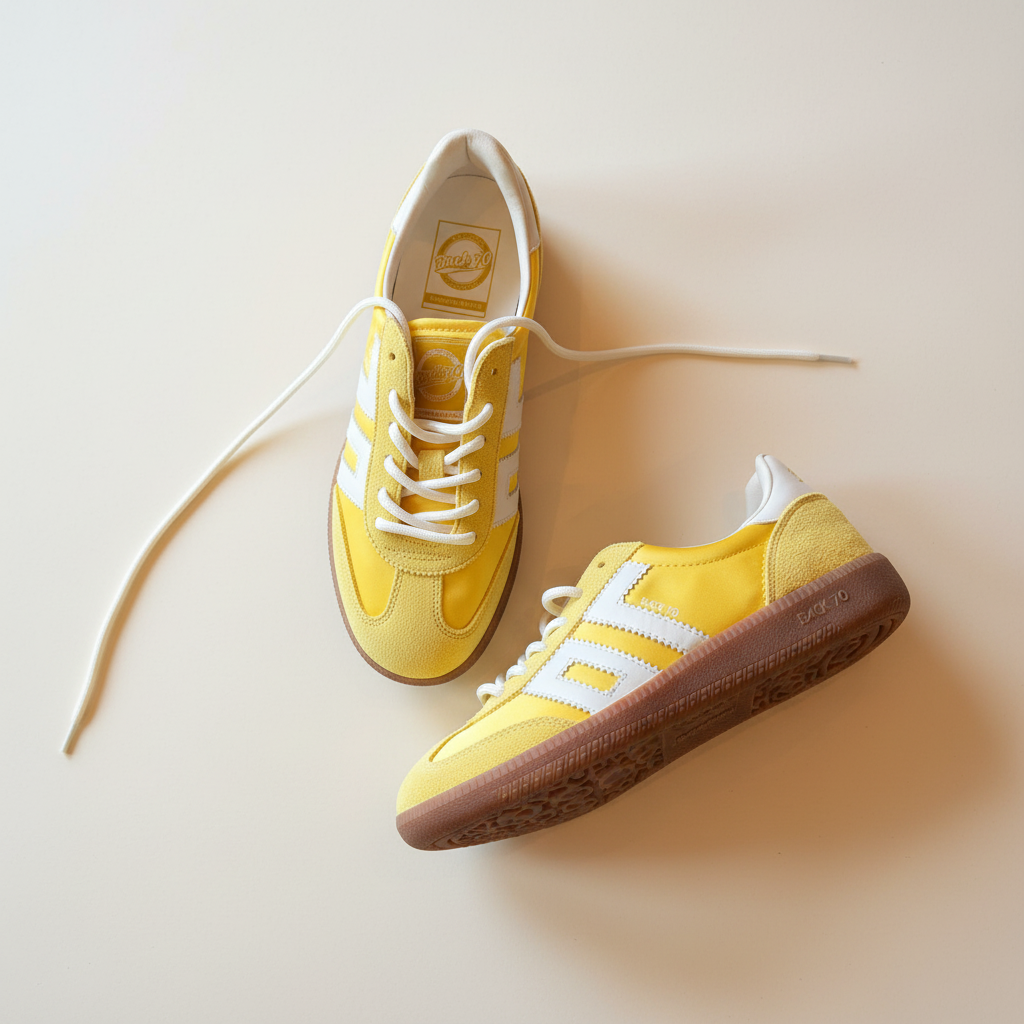Yellow sneakers with white stripes on a light background