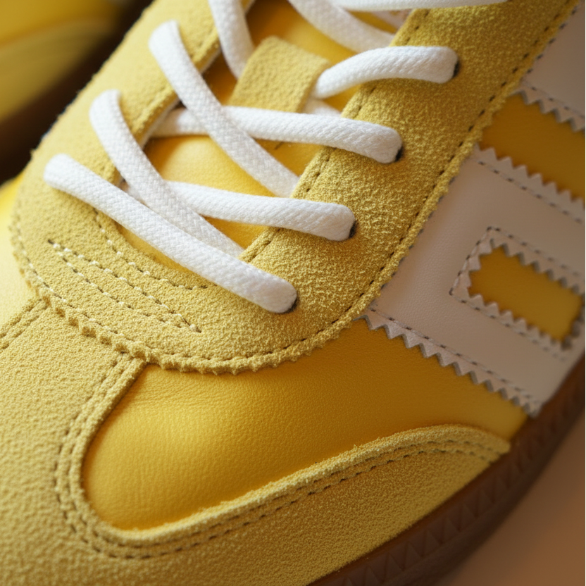 Close-up of a yellow sneaker with white laces on a blurred background