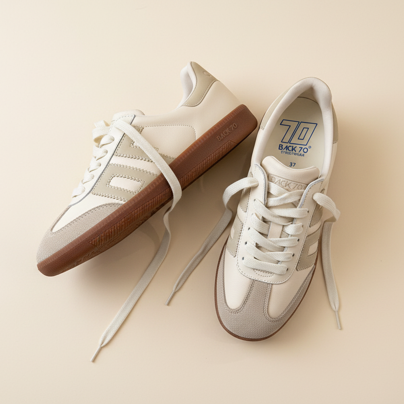 Pair of white sneakers with brown soles on a beige background