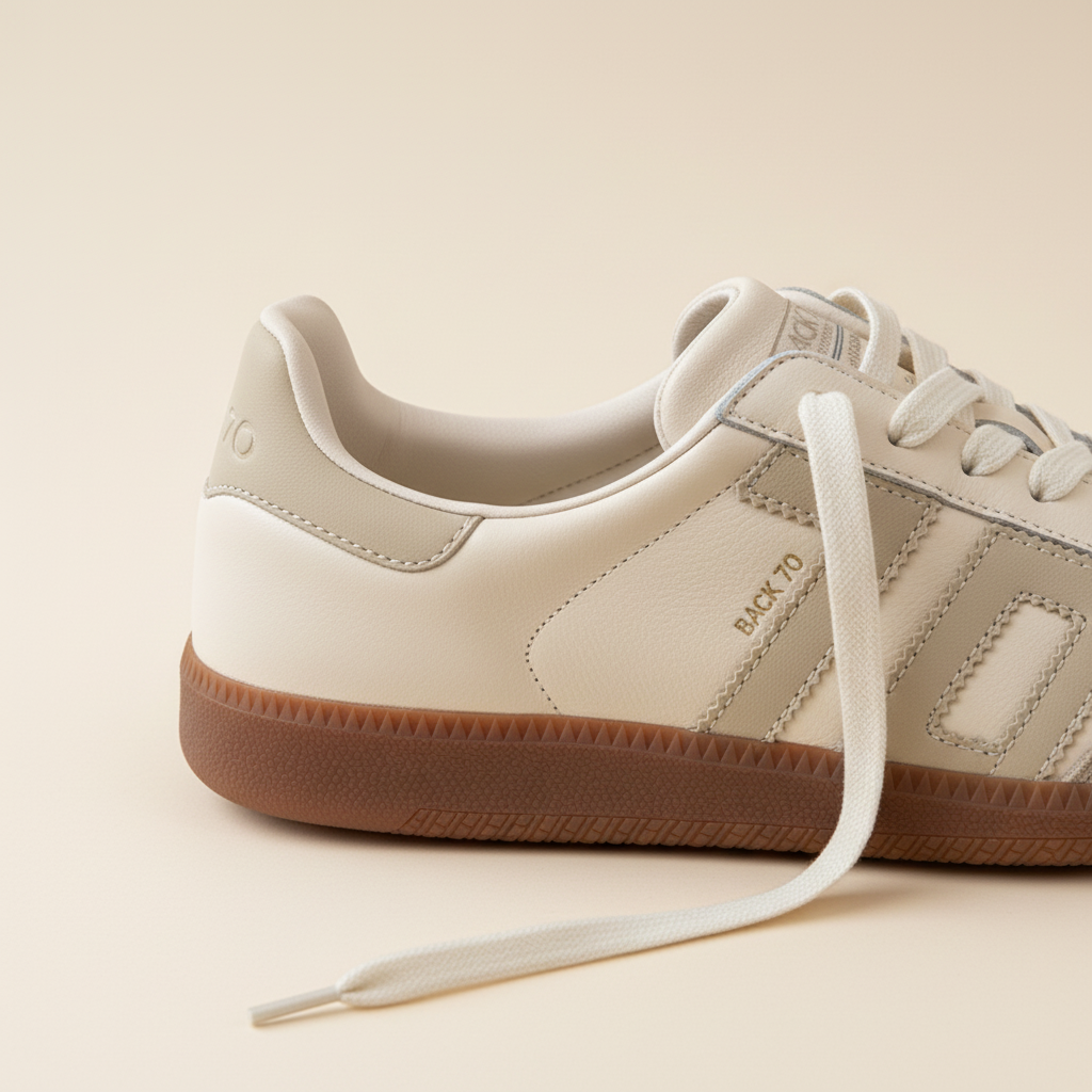 Beige sneaker with brown sole on a beige background