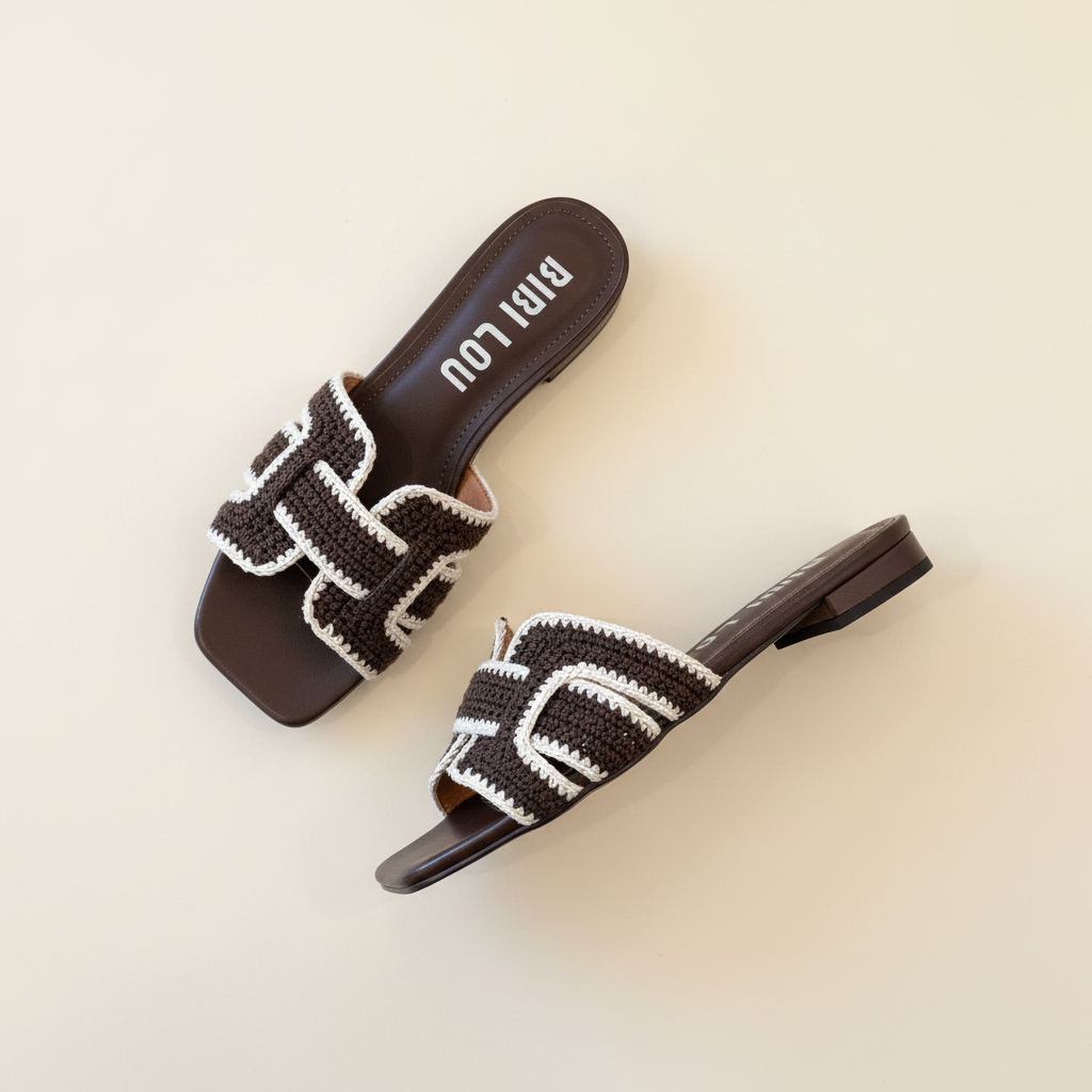 Pair of brown and white sandals with 'BIRIVIU' branding on a beige background