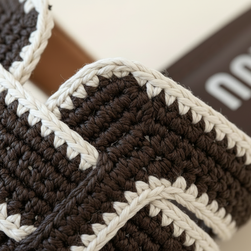 Close-up of brown and beige crocheted fabric with a brand name visible.