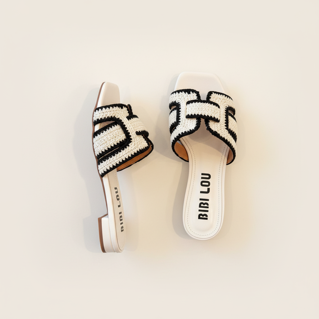 Pair of white sandals with black detailing on a light beige background