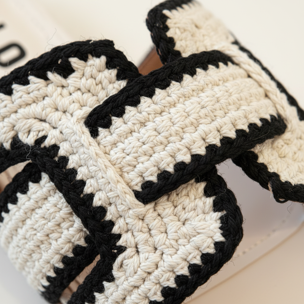 Close-up of black and white crocheted slippers on a white background