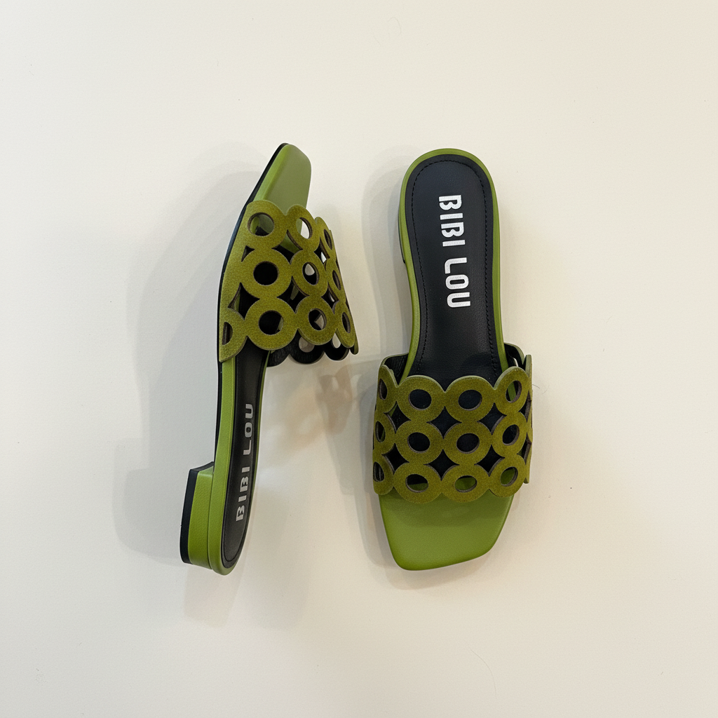 Green sandals with floral cut-out design on a white background